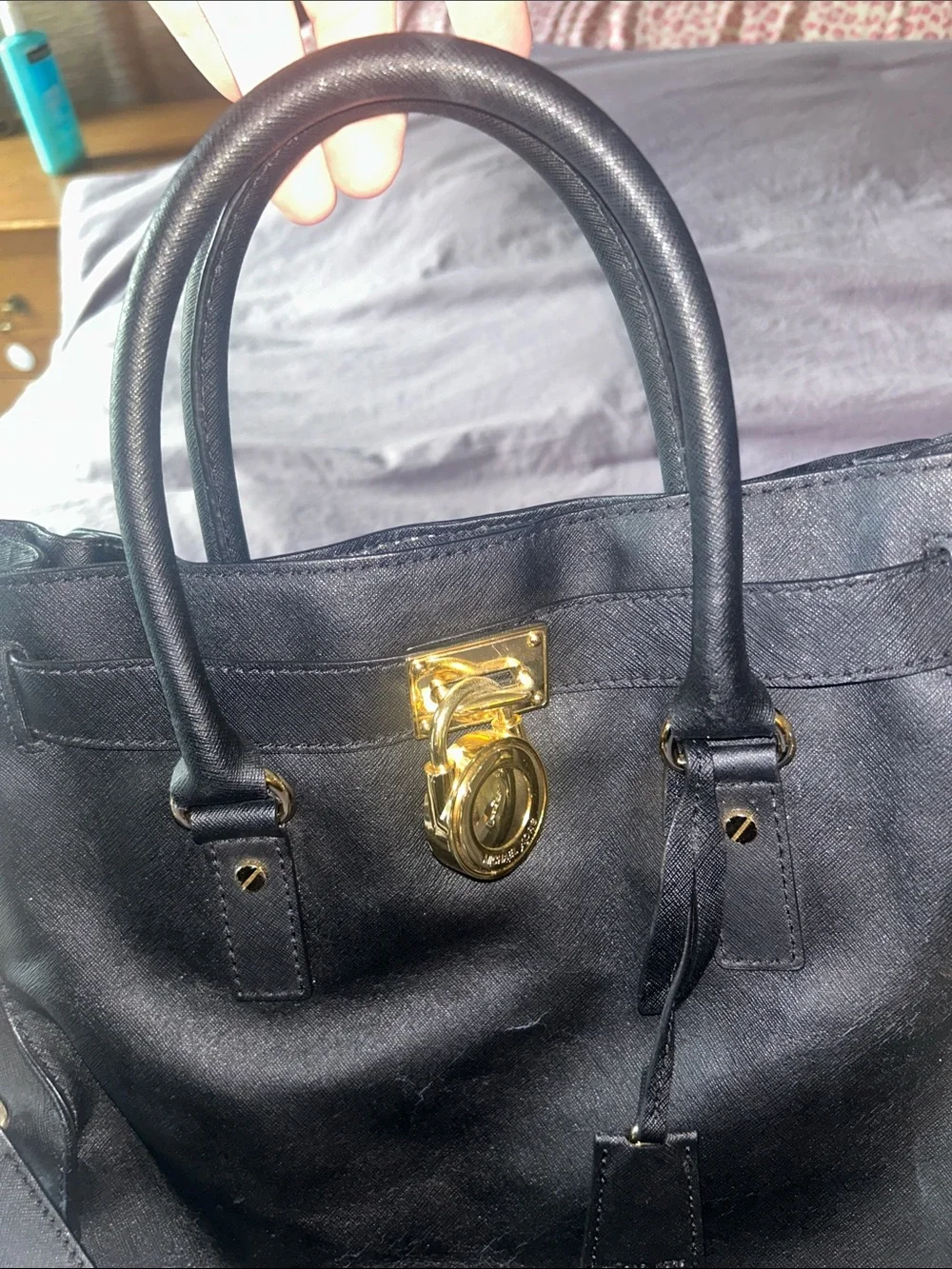 Michael Kors Black Leather Tote with Gold Accents